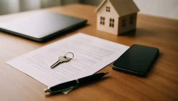 Digitalisierung der Mietverwaltung in Benin: Mietvertrag mit Schlüssel, Smartphone und Modellhaus als Hinweis auf Locapay und moderne Lösungen.